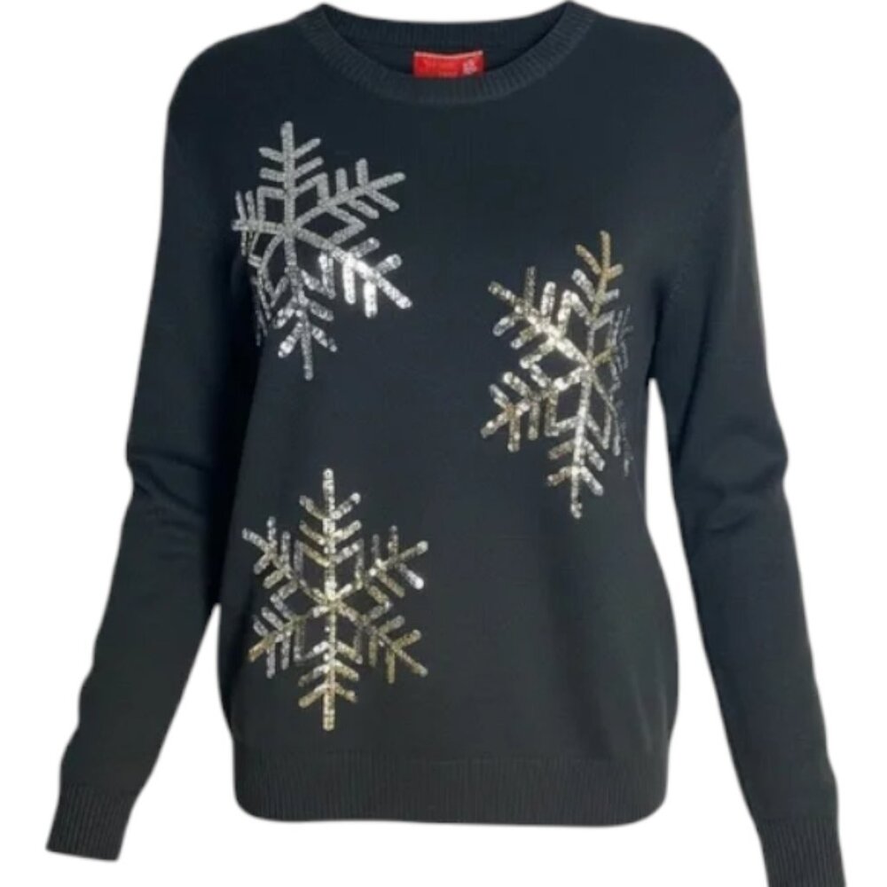 You Look Ugly Today Black Christmas Sweater with Sequin Silver Snowflakes NEW XL